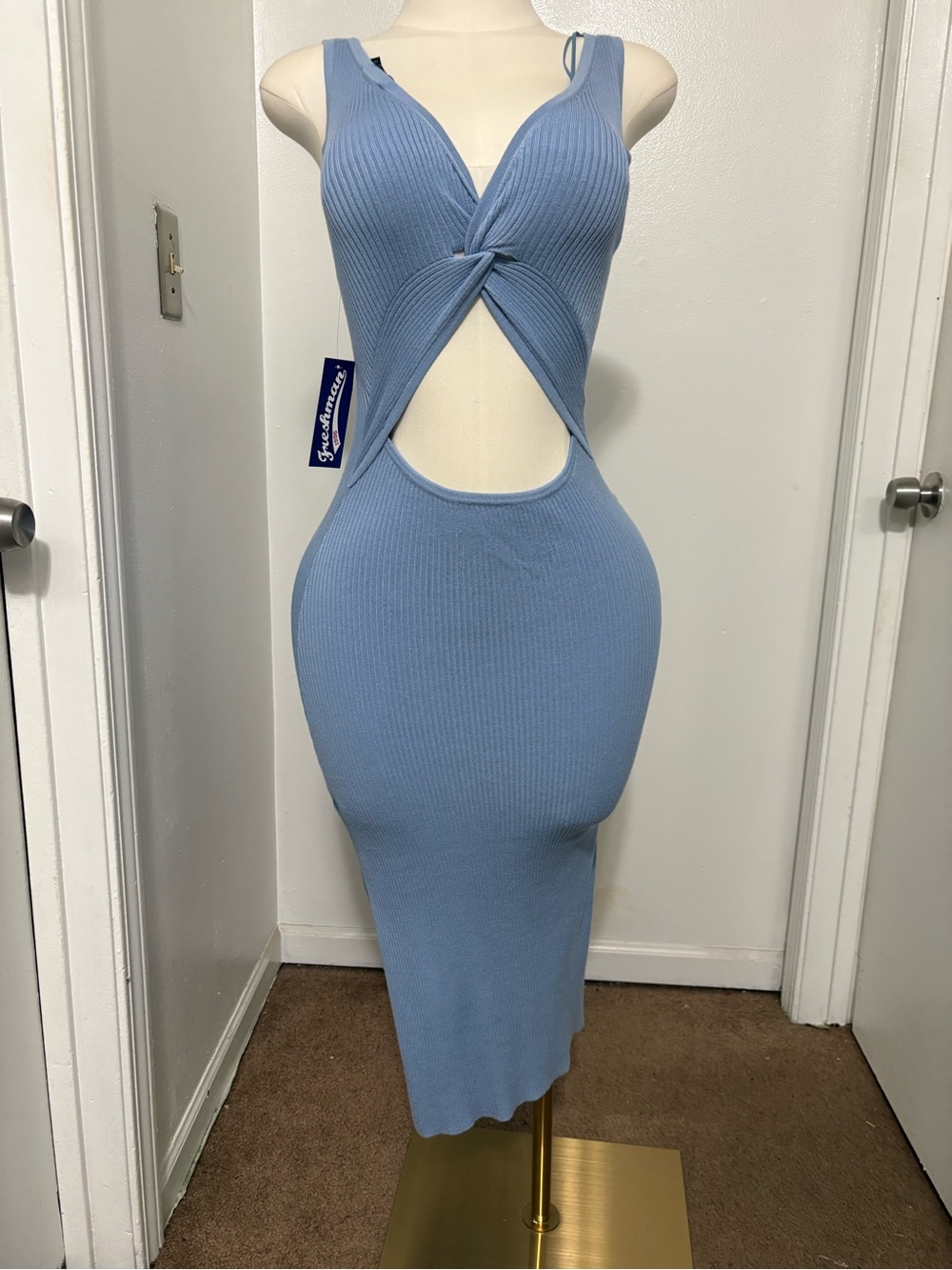 Free People Dusty Blue Ribbed Twist Cutout Midi Dress NWT